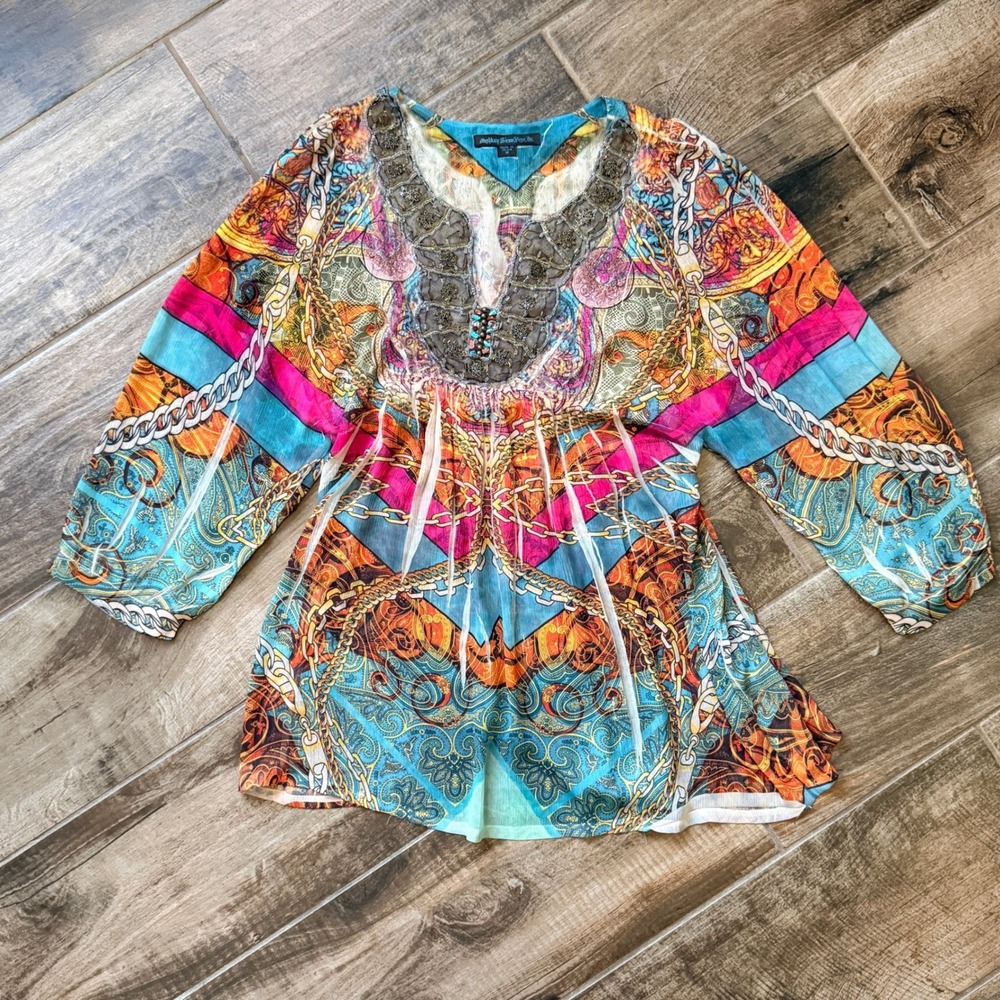 Mushka By Sienna Rose Womens Embellished Boho Mixed Print Tunic Top, Multi,M
